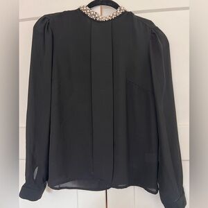 Pearl and beaded long sleeve black blouse